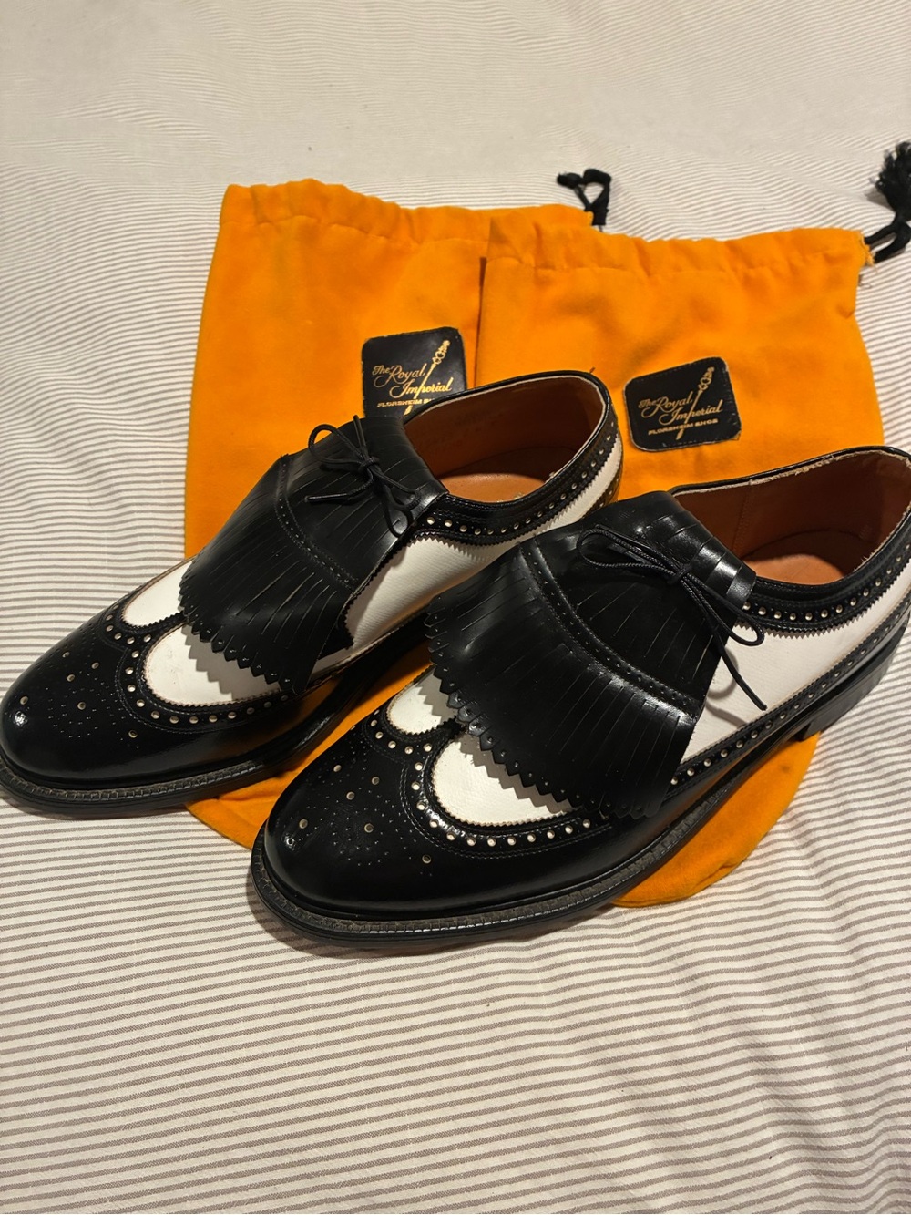 Florsheim Black and White Leather Kiltie Wingtip Oxfords